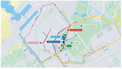 Deze afbeelding toont een landkaart met daarop de afsluiting en de ingestelde omleidingen